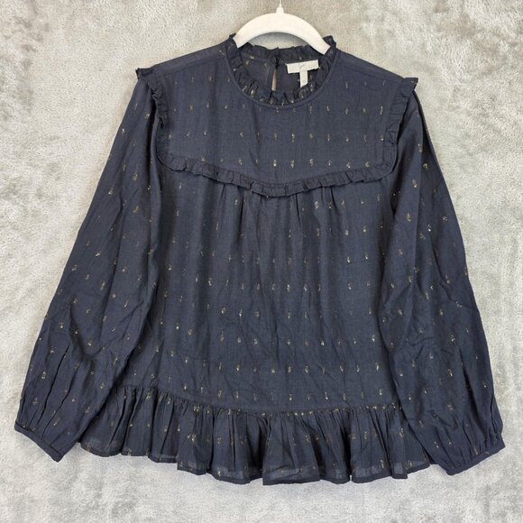 Joie Blouse Womens XS Black Gold Metallic Ruffle Peplum Long Sleeve Top - Picture 1 of 12